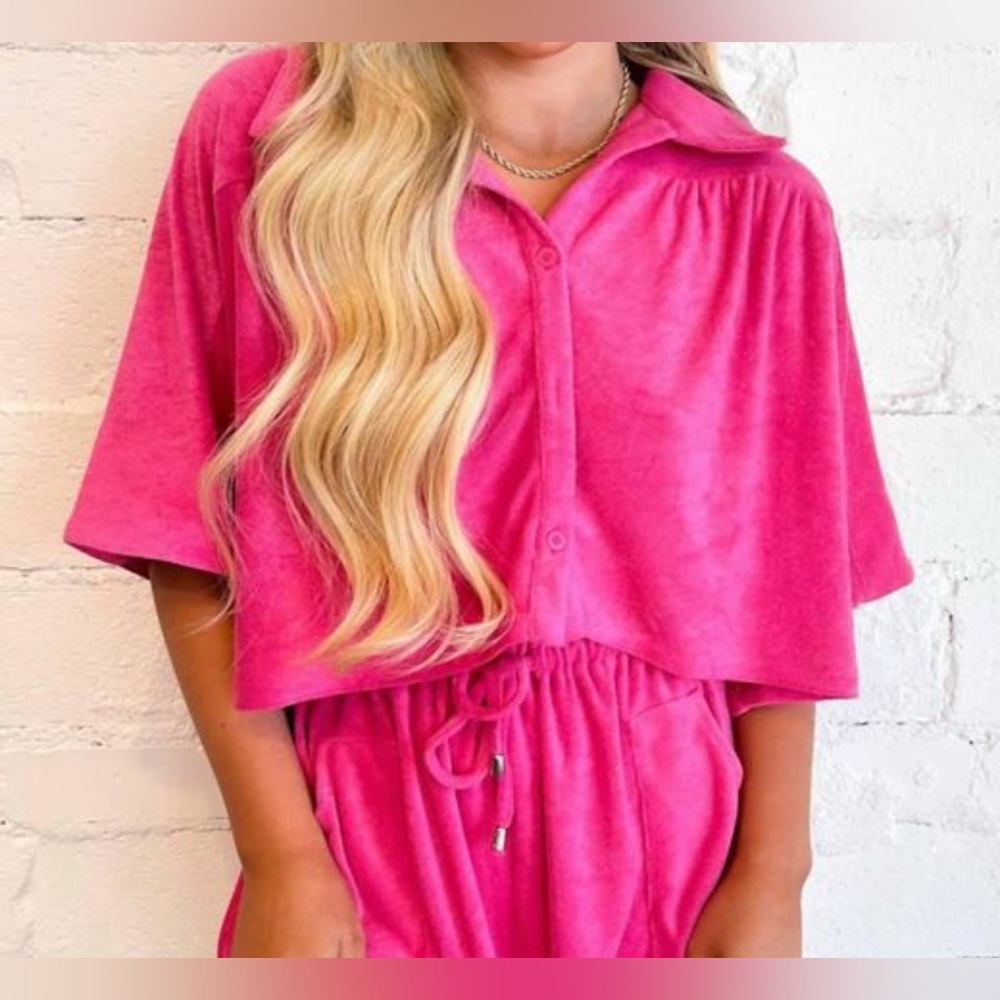 Cropped Berry Terry Cloth Button Down Pullover Size small